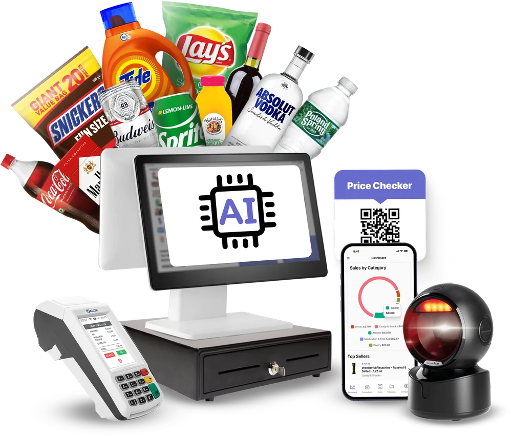 AI Cash Register all-in-one point of sale: dual-screen tablet, card terminal, cash drawer, barcode scanner, and the merchant phone app with a customer price checker.